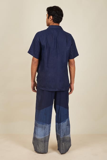 Shop_Banana Labs_Blue Linen Printed Wavy Stripe Hand Block Pant _at_Aza_Fashions