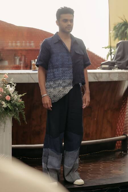 Banana Labs_Blue Linen Printed Wavy Stripe Hand Block Pant _Online_at_Aza_Fashions