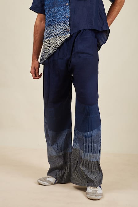 Buy_Banana Labs_Blue Linen Printed Wavy Stripe Hand Block Pant _Online_at_Aza_Fashions