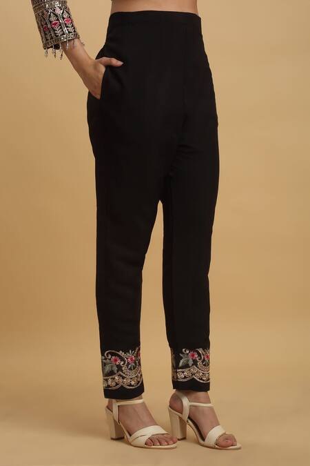 Aham-Vayam_Black Georgette, Silk Embroidery Round Neck Floral Work Kurta Set _at_Aza_Fashions