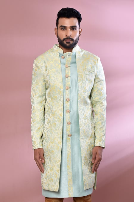 Buy_Arihant Rai Sinha_Blue Jacquard, Silk Embroidery Floral Woven Pattern Nawabi Jacket Kurta Set _Online_at_Aza_Fashions