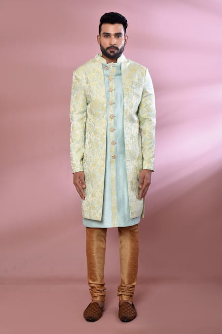 Shop_Arihant Rai Sinha_Blue Jacquard, Silk Embroidery Floral Woven Pattern Nawabi Jacket Kurta Set _Online_at_Aza_Fashions
