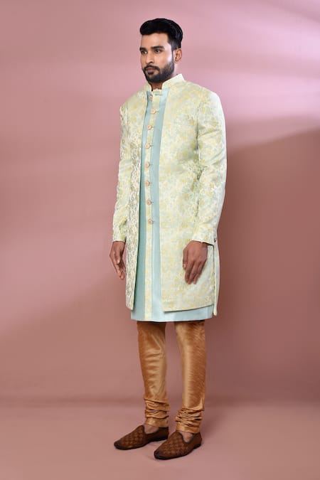 Arihant Rai Sinha_Blue Jacquard, Silk Embroidery Floral Woven Pattern Nawabi Jacket Kurta Set _at_Aza_Fashions