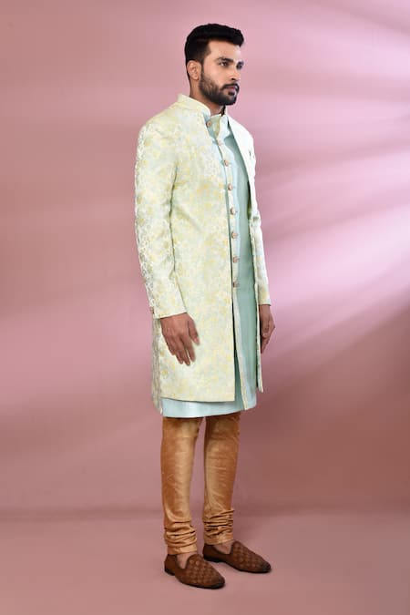 Buy_Arihant Rai Sinha_Blue Jacquard, Silk Embroidery Floral Woven Pattern Nawabi Jacket Kurta Set 