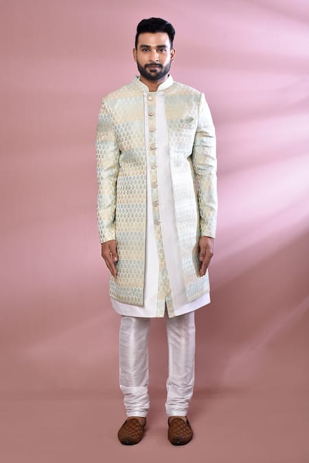 Shop_Arihant Rai Sinha_Off White Jacquard, Silk Leaf Pattern Woven Nawabi Jacket Kurta Set _Online_at_Aza_Fashions