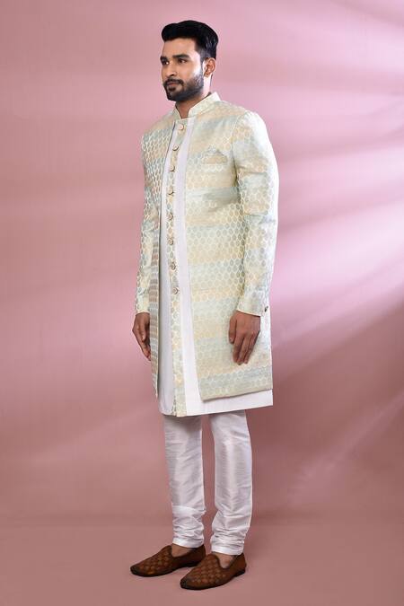 Arihant Rai Sinha_Off White Jacquard, Silk Leaf Pattern Woven Nawabi Jacket Kurta Set _at_Aza_Fashions