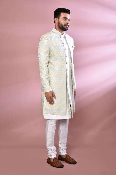 Buy_Arihant Rai Sinha_Off White Jacquard, Silk Leaf Pattern Woven Nawabi Jacket Kurta Set 