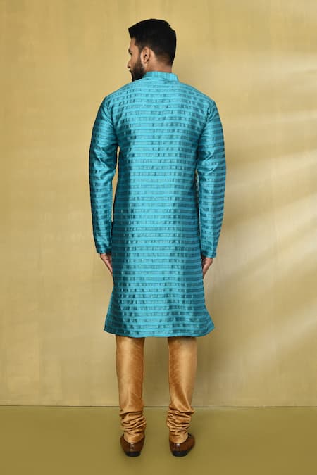 Shop_Arihant Rai Sinha_Blue Silk, Polyester, Cotton Striped Pattern Kurta Set _at_Aza_Fashions