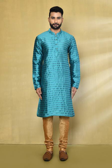 Buy_Arihant Rai Sinha_Blue Silk, Polyester, Cotton Striped Pattern Kurta Set _Online_at_Aza_Fashions