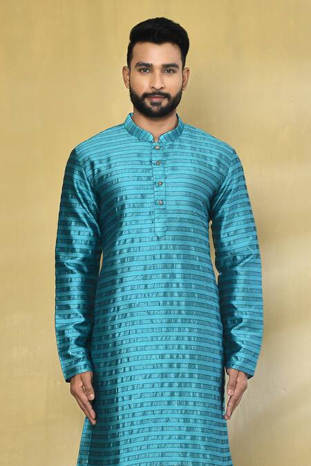 Shop Arihant Rai Sinha Blue Silk, Polyester, Cotton Striped Pattern Kurta Set Online at Aza Fashions Shop_Arihant Rai Sinha_Blue Silk, Polyester, Cotton Striped Pattern Kurta Set _Online_at_Aza_Fashions