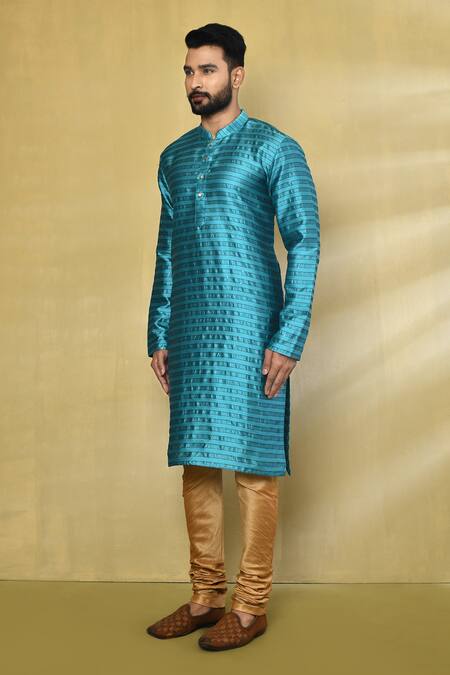 Arihant Rai Sinha_Blue Silk, Polyester, Cotton Striped Pattern Kurta Set _at_Aza_Fashions