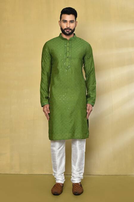 Buy_Arihant Rai Sinha_Green Viscose, Cotton, Polyester Sequins, Embroidery Jaal Thread Kurta Set_Online_at_Aza_Fashions