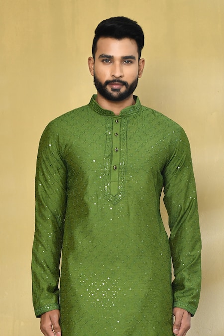 Shop_Arihant Rai Sinha_Green Viscose, Cotton, Polyester Sequins, Embroidery Jaal Thread Kurta Set_Online_at_Aza_Fashions