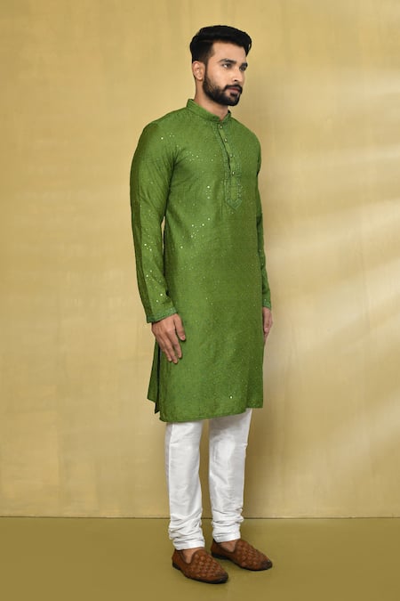 Arihant Rai Sinha_Green Viscose, Cotton, Polyester Sequins, Embroidery Jaal Thread Kurta Set_at_Aza_Fashions