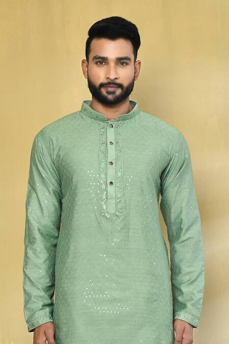 Shop_Arihant Rai Sinha_Green Viscose, Cotton, Polyester Embroidery Floral Kurta And Churidar Set _Online_at_Aza_Fashions
