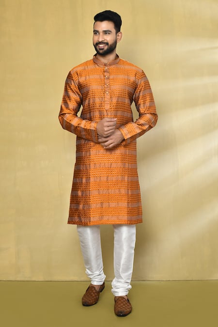 Arihant Rai Sinha Orange Kurta Silk Embroidered Thread Stripe Straight Set 