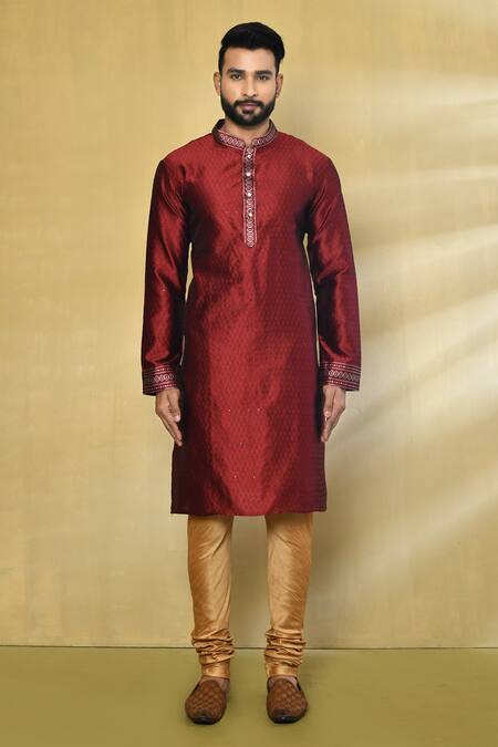 Buy_Arihant Rai Sinha_Maroon Silk, Polyester, Cotton Embroidery, Sequins Tonal Kurta Set _Online_at_Aza_Fashions