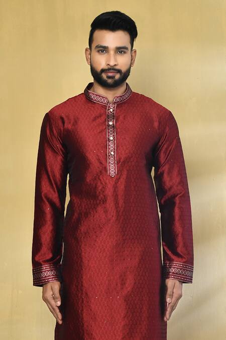 Shop Arihant Rai Sinha Maroon Silk, Polyester, Cotton Embroidery, Sequins Tonal Kurta Set Online at Aza Fashions Shop_Arihant Rai Sinha_Maroon Silk, Polyester, Cotton Embroidery, Sequins Tonal Kurta Set _Online_at_Aza_Fashions