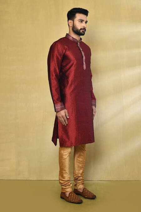 Arihant Rai Sinha_Maroon Silk, Polyester, Cotton Embroidery, Sequins Tonal Kurta Set _at_Aza_Fashions