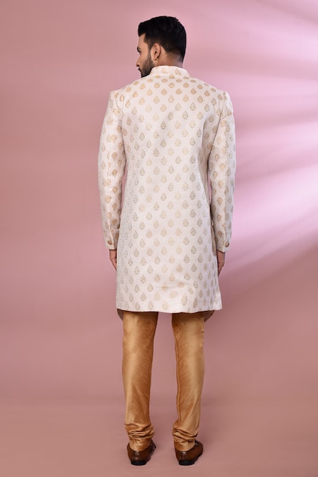 Shop_Arihant Rai Sinha_Cream Jacquard, Silk Floral Woven Jacket Kurta Set _at_Aza_Fashions