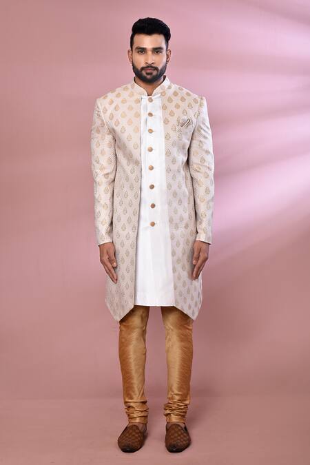 Buy_Arihant Rai Sinha_Cream Jacquard, Silk Floral Woven Jacket Kurta Set _Online_at_Aza_Fashions