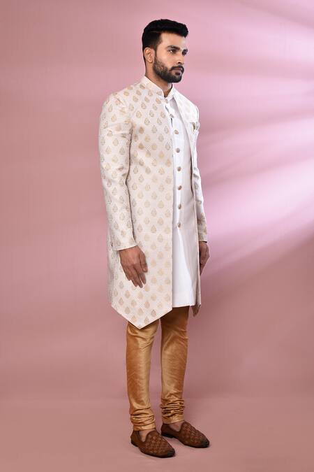 Arihant Rai Sinha_Cream Jacquard, Silk Floral Woven Jacket Kurta Set _at_Aza_Fashions