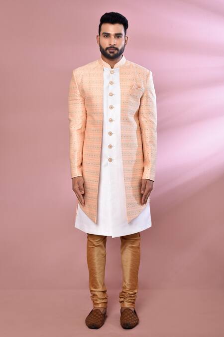 Buy_Arihant Rai Sinha_Peach Jacquard, Silk Embroidery Floral Woven Jacket Kurta And Churidar Set _Online_at_Aza_Fashions