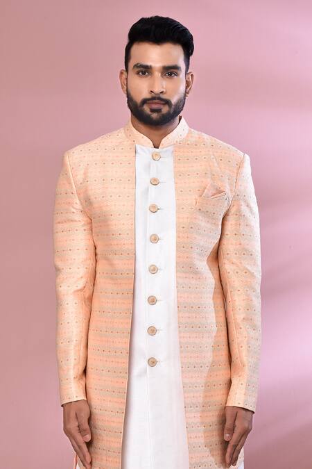 Shop Arihant Rai Sinha Peach Jacquard, Silk Embroidery Floral Woven Jacket Kurta And Churidar Set Online at Aza Fashions Shop_Arihant Rai Sinha_Peach Jacquard, Silk Embroidery Floral Woven Jacket Kurta And Churidar Set _Online_at_Aza_Fashions
