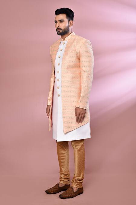 Arihant Rai Sinha_Peach Jacquard, Silk Embroidery Floral Woven Jacket Kurta And Churidar Set _at_Aza_Fashions