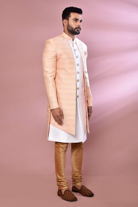 Buy_Arihant Rai Sinha_Peach Jacquard, Silk Embroidery Floral Woven Jacket Kurta And Churidar Set 