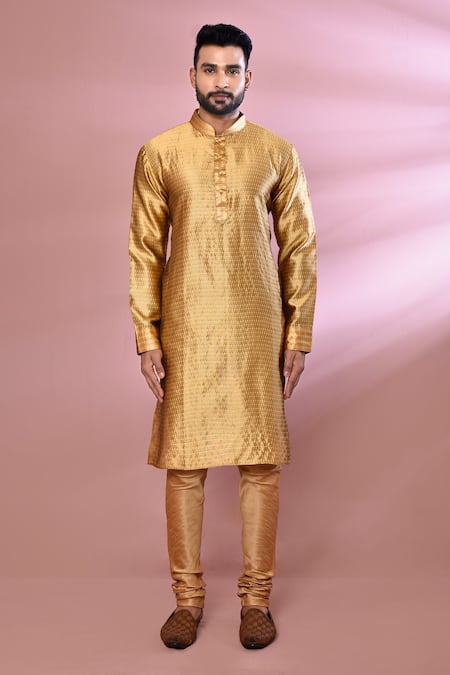 Buy_Arihant Rai Sinha_Gold Jacquard, Silk Geometric Pattern Kurta And Churidar Set_Online_at_Aza_Fashions