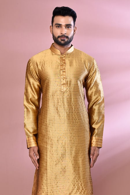 Shop_Arihant Rai Sinha_Gold Jacquard, Silk Geometric Pattern Kurta And Churidar Set_Online_at_Aza_Fashions