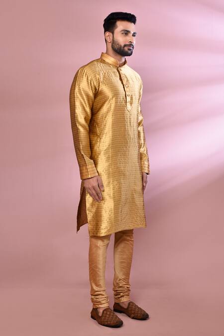 Arihant Rai Sinha_Gold Jacquard, Silk Geometric Pattern Kurta And Churidar Set_at_Aza_Fashions