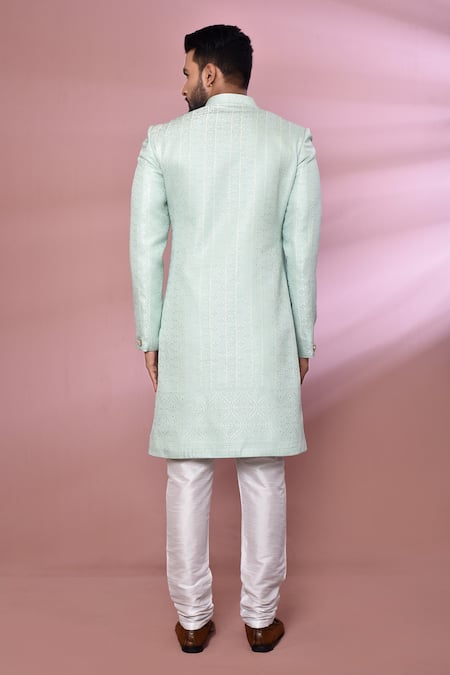Shop_Arihant Rai Sinha_Sky Blue Jacquard, Silk Embroidery Floral Pattern Nawabi Jacket Kurta Set _at_Aza_Fashions