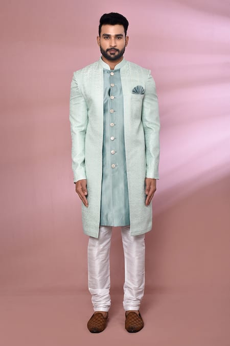Shop_Arihant Rai Sinha_Sky Blue Jacquard, Silk Embroidery Floral Pattern Nawabi Jacket Kurta Set _Online_at_Aza_Fashions
