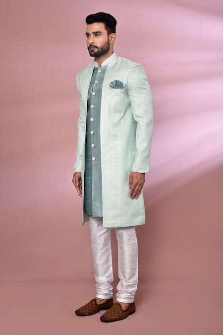 Arihant Rai Sinha_Sky Blue Jacquard, Silk Embroidery Floral Pattern Nawabi Jacket Kurta Set _at_Aza_Fashions