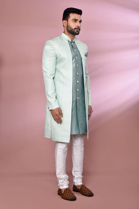 Buy_Arihant Rai Sinha_Sky Blue Jacquard, Silk Embroidery Floral Pattern Nawabi Jacket Kurta Set 