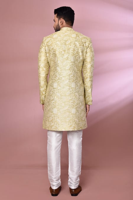 Shop_Arihant Rai Sinha_Gold Jacquard, Silk Floral Pattern Jacket Kurta Set _at_Aza_Fashions