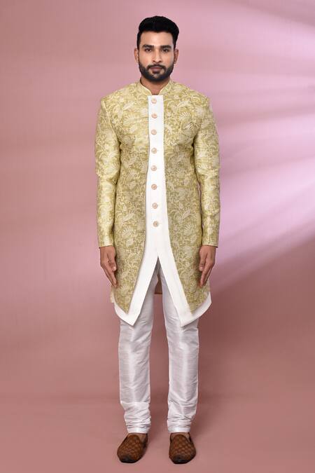 Buy_Arihant Rai Sinha_Gold Jacquard, Silk Floral Pattern Jacket Kurta Set _Online_at_Aza_Fashions