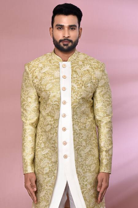 Shop Arihant Rai Sinha Gold Jacquard, Silk Floral Pattern Jacket Kurta Set Online at Aza Fashions Shop_Arihant Rai Sinha_Gold Jacquard, Silk Floral Pattern Jacket Kurta Set _Online_at_Aza_Fashions