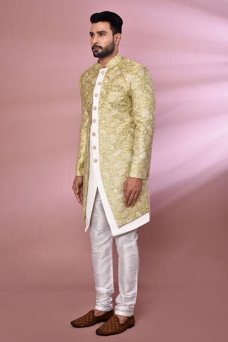 Arihant Rai Sinha_Gold Jacquard, Silk Floral Pattern Jacket Kurta Set _at_Aza_Fashions