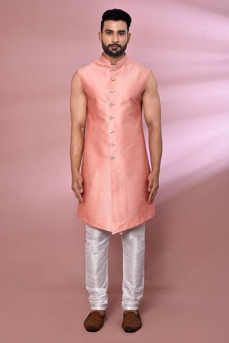 Buy_Arihant Rai Sinha_Peach Silk, Jacquard Embroidery Geometric Pattern Jacket With Kurta Set _Online_at_Aza_Fashions