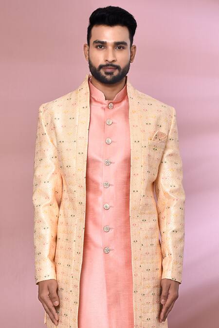 Arihant Rai Sinha Peach Silk, Jacquard Embroidery Geometric Pattern Jacket With Kurta Set at Aza Fashions Arihant Rai Sinha_Peach Silk, Jacquard Embroidery Geometric Pattern Jacket With Kurta Set _at_Aza_Fashions