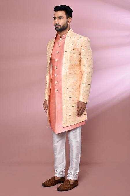 Buy_Arihant Rai Sinha_Peach Silk, Jacquard Embroidery Geometric Pattern Jacket With Kurta Set 