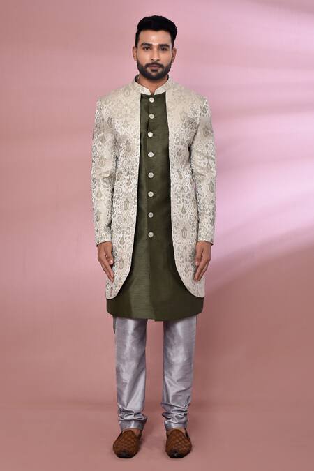 Buy_Arihant Rai Sinha_Green Jacquard, Silk Geometric Pattern Attached Jacket Kurta Set _Online_at_Aza_Fashions