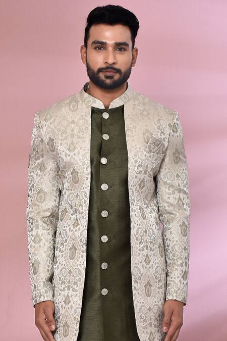 Shop_Arihant Rai Sinha_Green Jacquard, Silk Geometric Pattern Attached Jacket Kurta Set _Online_at_Aza_Fashions