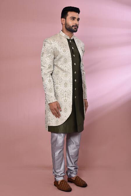 Arihant Rai Sinha_Green Jacquard, Silk Geometric Pattern Attached Jacket Kurta Set _at_Aza_Fashions