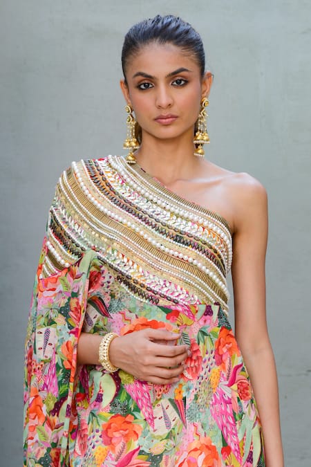 Rishi and Vibhuti Multi Color Velvet, Wildflower Wonders Floral Print One Shoulder Cape With Skirt Online at Aza Fashions Rishi and Vibhuti_Multi Color Velvet, Wildflower Wonders Floral Print One Shoulder Cape With Skirt _Online_at_Aza_Fashions