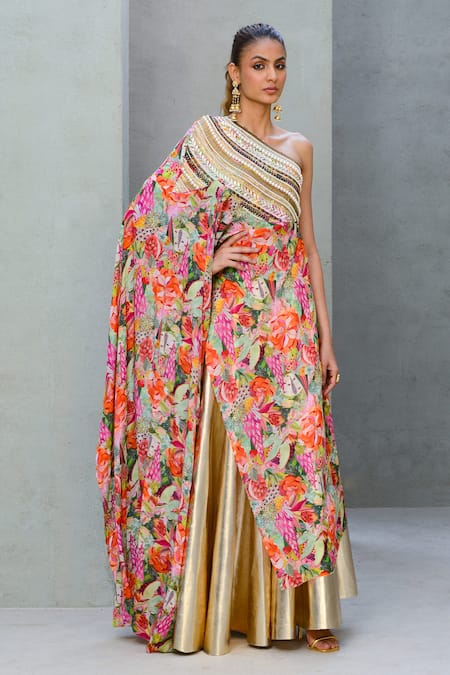 Buy Rishi and Vibhuti Multi Color Velvet, Wildflower Wonders Floral Print One Shoulder Cape With Skirt Online at Aza Fashions Buy_Rishi and Vibhuti_Multi Color Velvet, Wildflower Wonders Floral Print One Shoulder Cape With Skirt _Online_at_Aza_Fashions