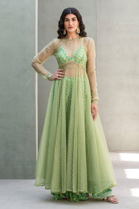 Rishi and Vibhuti Green Fabric Organza Embellishments Sequin Sage Groove Sheer Printed Pant Set 